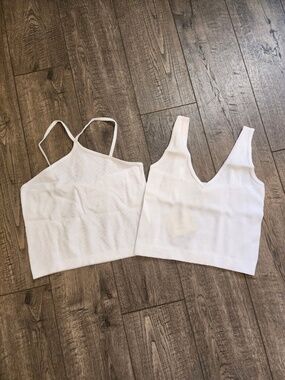 Lemonsky Women's 2 Pack V-Neck Crop Tops White Ribbed Size Medium